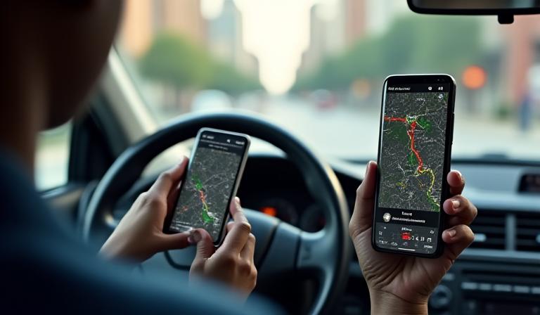 Atlanta taxi driver using patrol map app to find fastest route and avoid police checkpoints