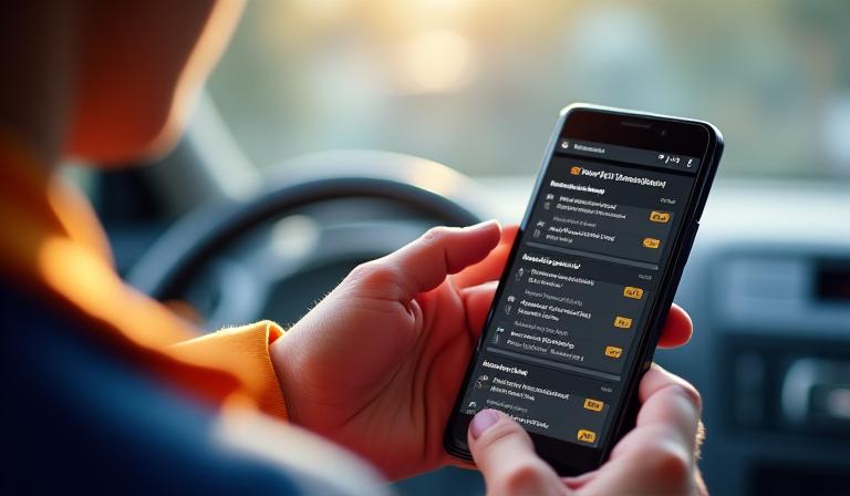 Delivery gig worker checking real-time police alerts on Android app for optimized drop-off routes